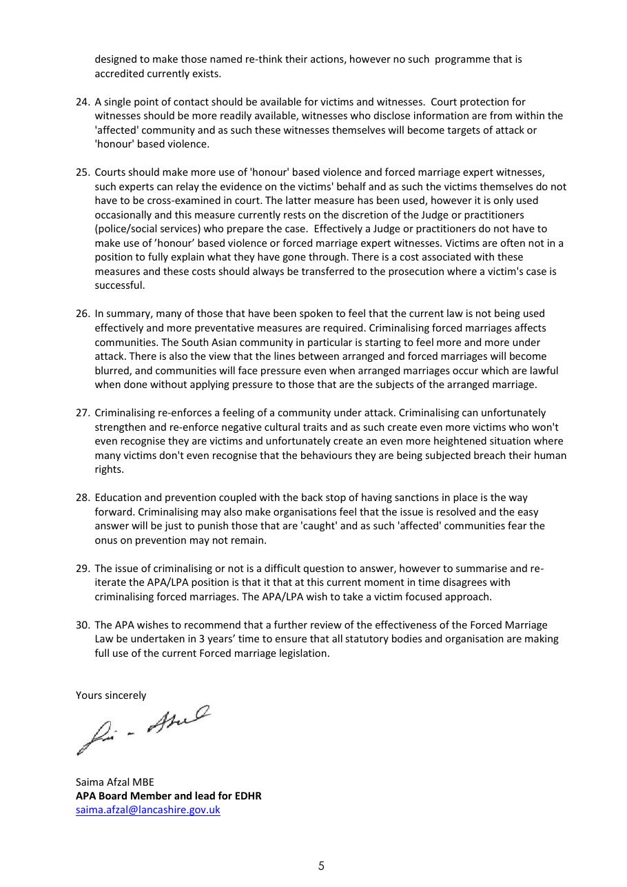 APA Response — Forced Marriage Consultation — page 5